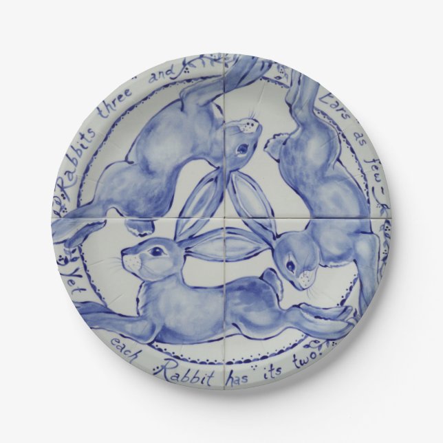 Three Hares Rabbit Blue & White Medallion Tiled Paper Plate (Front)