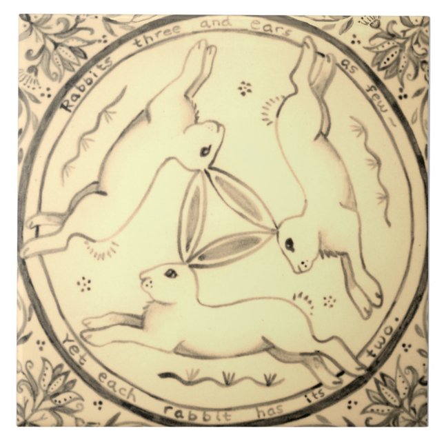 Three Hares Running Rabbit Sepia Mystical Design Ceramic Tile (Front)