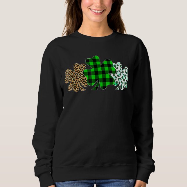 Three Heart Shamrocks Leopard Plaid St Patrick's D Sweatshirt (Front)