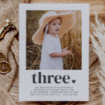 Three Heart - Square Photo 1st Birthday Invitation<br><div class="desc">A modern 3rd Birthday invitation featuring your own photo and the word 'three' with a heart underneath. 

You can also edit all of the text colour and styles,  plus the colour of the heart if you want to. Just click the 'Personalise' button -> 'Edit using design tool'.</div>