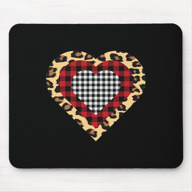 Three Hearts Buffalo Leopard Plaid Valentine's Day Mouse Pad (Front)