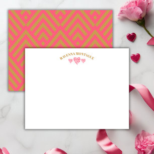 Three Hearts Gold Watermelon Pink Fans Note Card