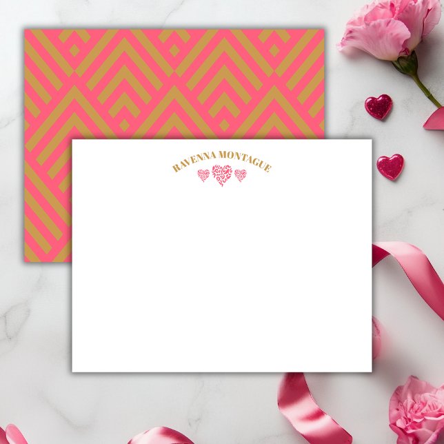 Three Hearts Gold Watermelon Pink Fans Note Card (Creator Uploaded)