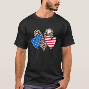 Three Hearts Leopard American Flag Patriotic 4th O T-Shirt