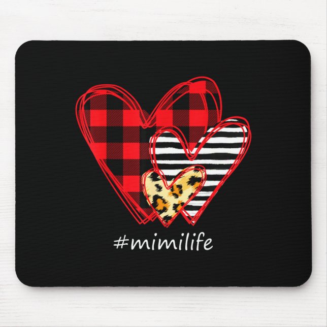 Three Hearts Leopard Buffalo Plaid Mimi Life Valen Mouse Pad (Front)