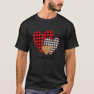 Three Hearts Leopard Buffalo Plaid Nurse Valentine T-Shirt