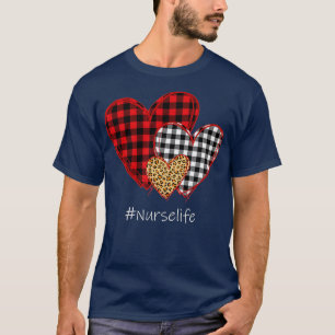 Three Hearts Leopard Buffalo Plaid Nurse Valentine T-Shirt