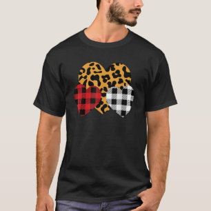 Three Hearts Leopard Buffalo Plaid Valentine s day T-Shirt