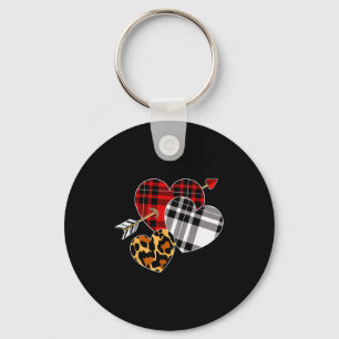 Three Hearts Leopard Buffalo Plaid Valentines Day Key Ring