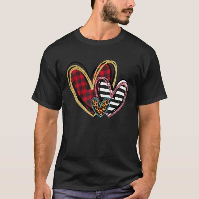 Three Hearts Leopard Buffalo Plaid Valentine's day T-Shirt (Front)