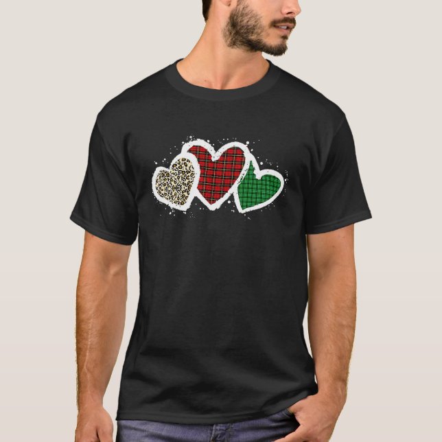 Three Hearts Leopard Buffalo Plaid Valentine's day T-Shirt (Front)