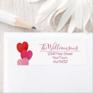 Three Hearts on White with Red Pink Text Return Address Label