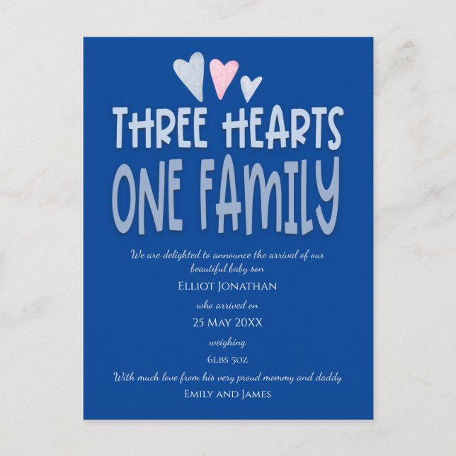 Three Hearts One Family Dark Blue Baby Boy Birth Announcement Postcard (Front)