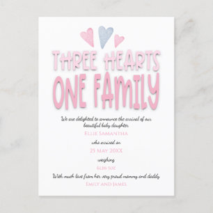 Three Hearts One Family Pink Baby Girl Birth Announcement Postcard