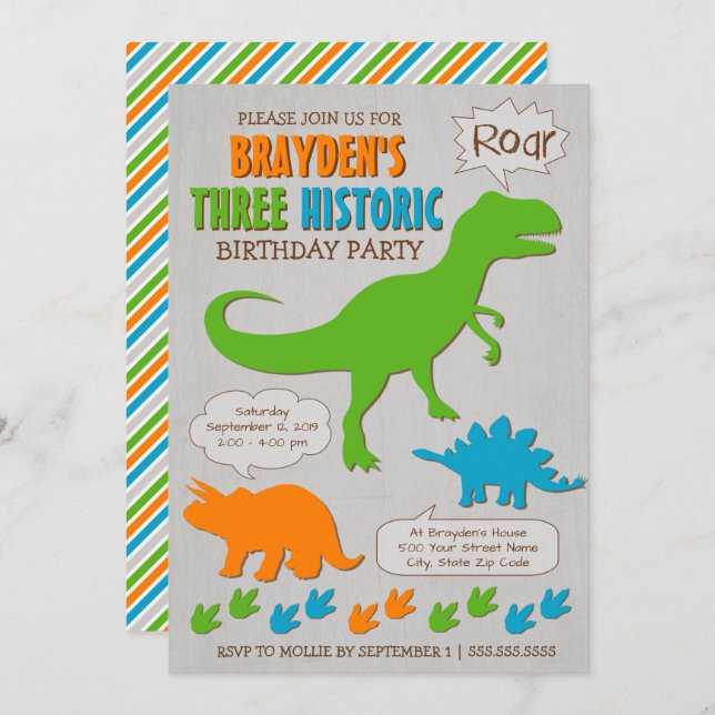 Three Historic Dinosaur Third Birthday Invitation (Front/Back)