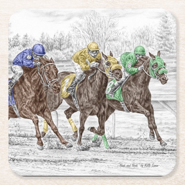 Three Horse Race - Neck and Neck Square Paper Coaster (Front)