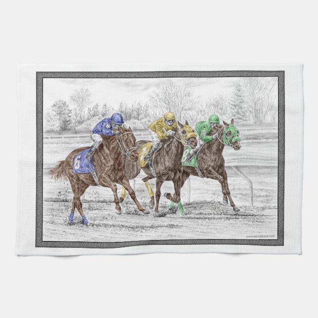 Three Horse Race - Neck and Neck Tea Towel (Horizontal)