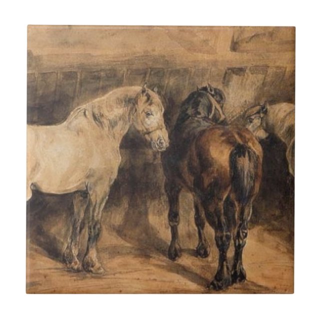 Three Horses in Their Stable Ceramic Tile (Front)