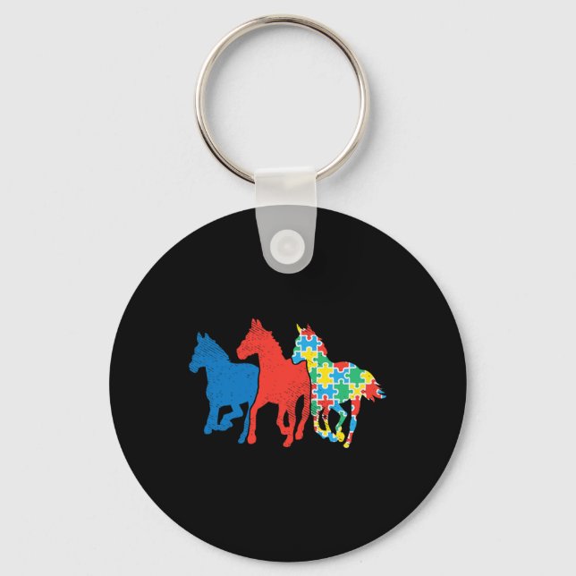 Three Horses Puzzle Red Blue Autism Awareness ASL  Key Ring (Front)