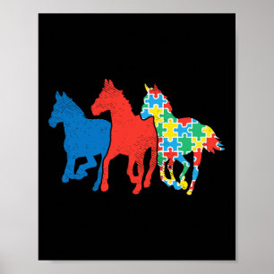 Three Horses Puzzle Red Blue Autism Awareness Asl Poster