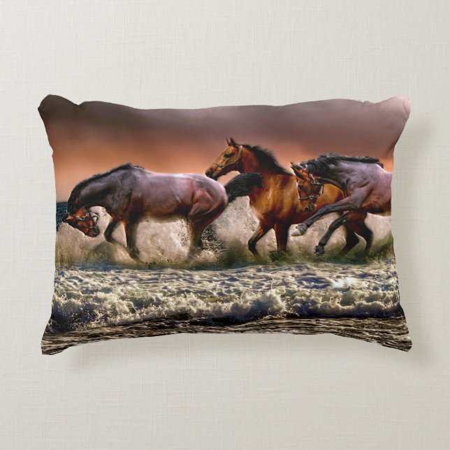 Three Horses Trotting in the Ocean Decorative Cushion (Front)