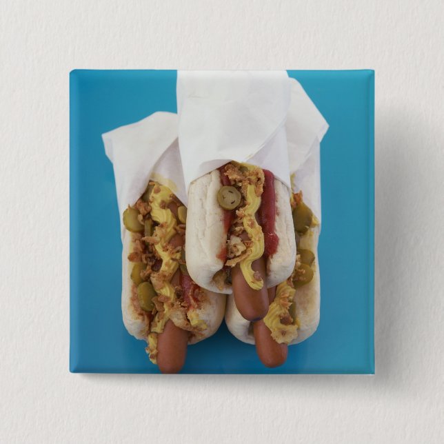 Three hot dogs in buns 15 cm square badge (Front)