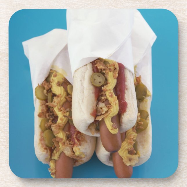 Three hot dogs in buns coaster (Front)