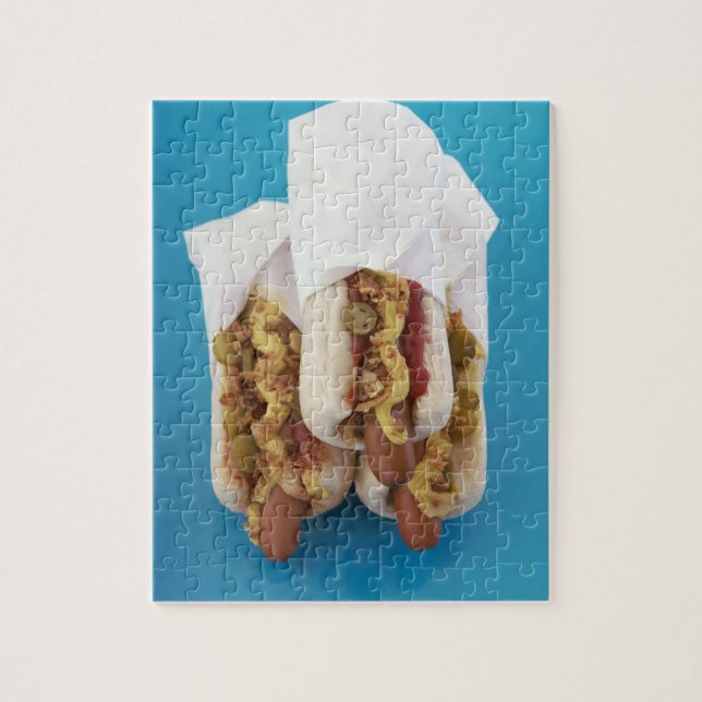 Three hot dogs in buns jigsaw puzzle (Vertical)
