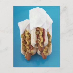Three hot dogs in buns postcard