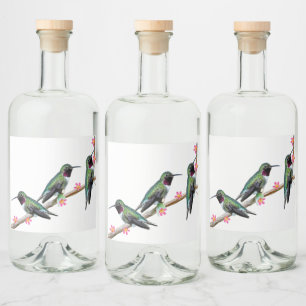 Three Hummingbirds perched on a branch of a Floss Liquor Bottle Label