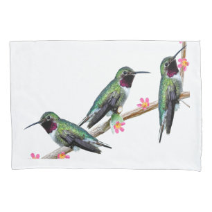Three Hummingbirds perched on a branch of a Floss  Pillowcase