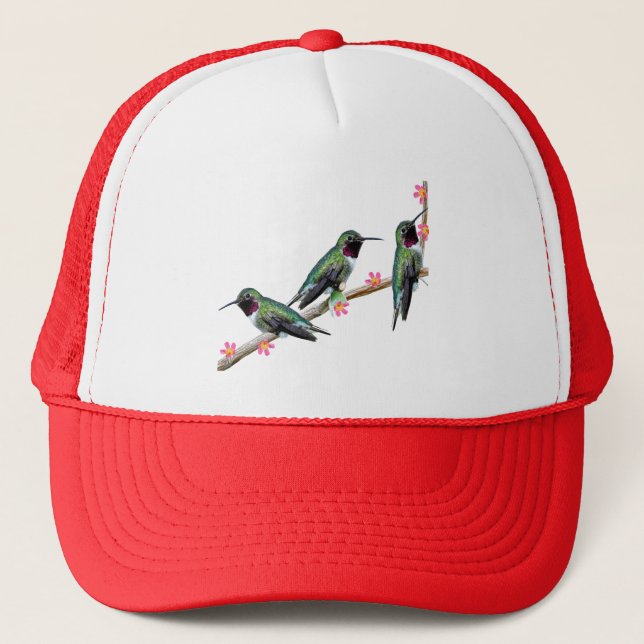 Three Hummingbirds perching on a branch Floss Silt Trucker Hat (Front)