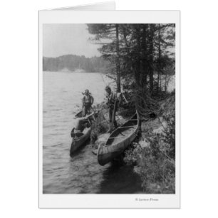 Three Hunters with Canoes at Shore