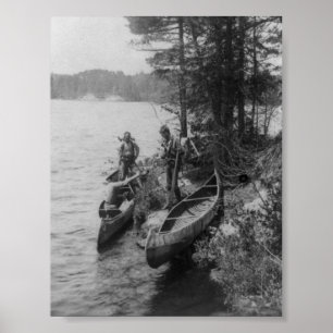 Three Hunters with Canoes at Shore Poster