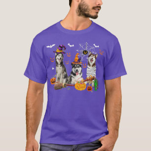 Three Husky Dogs Witch Halloween Mummy Scary Pumpk T-Shirt