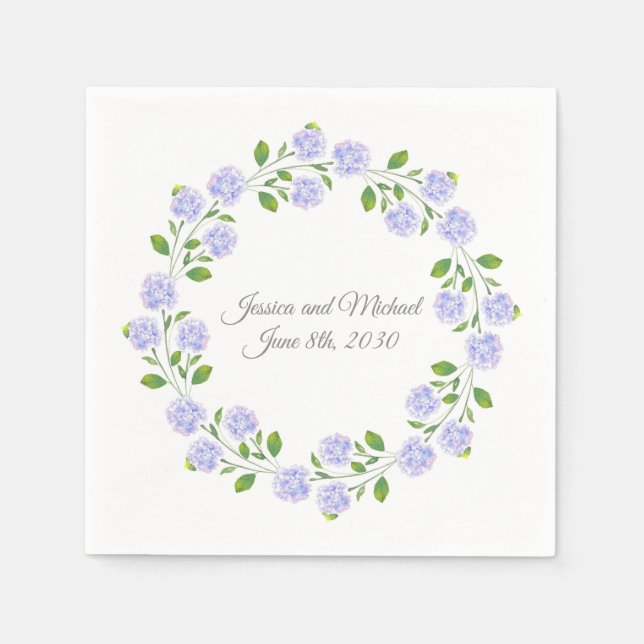 Three Hydrangeas Watercolor Floral Wreath Napkin (Front)