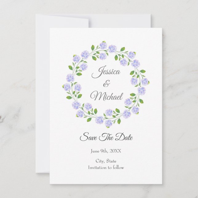 Three Hydrangeas Watercolor Floral Wreath Save The Date (Front)