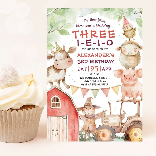 THREE-I-E-I-O Cute Boy Farm 3rd Birthday  Invitation (Creator Uploaded)