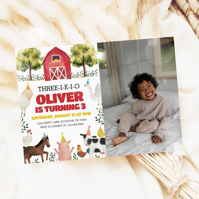 Three-I-E-I-O Farm 3rd Birthday Photo Invitation (Creator Uploaded)