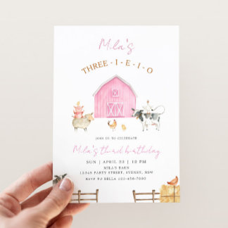 Three-I-E-I-O Pink Barn Farm 3rd Birthday Party Invitation