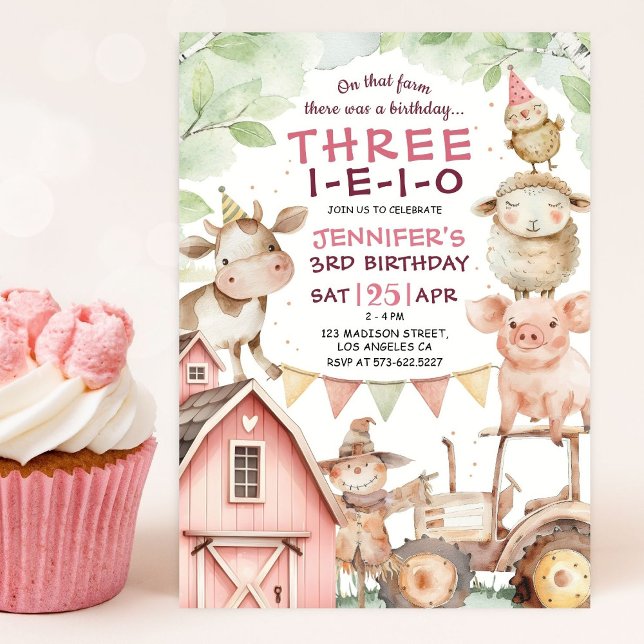 THREE-I-E-I-O Pink Girl Farm 3rd Birthday  Invitation (Creator Uploaded)