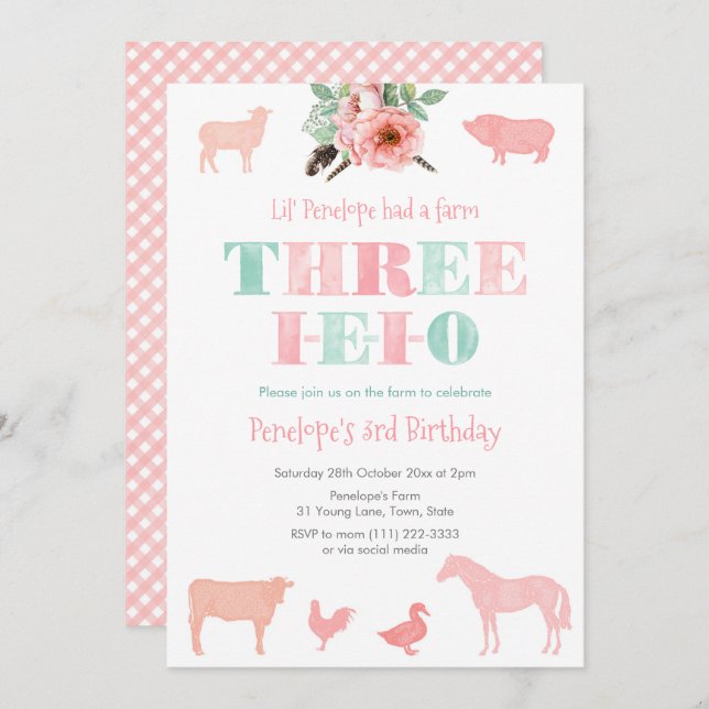 THREE-IEIO, Old MacDonald Girl 3rd Birthday Party Invitation (Front/Back)