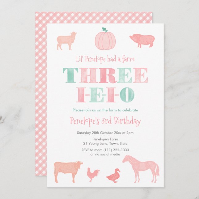 THREE-IEIO Pink Pumpkin 3rd Birthday Party Invitation (Front/Back)
