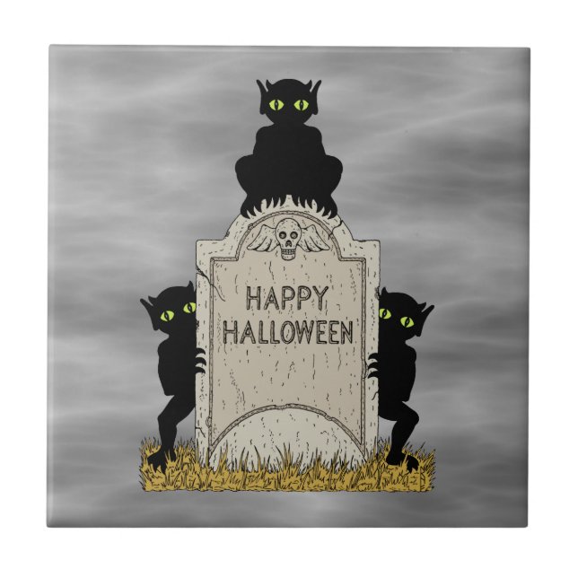 Three Imps Happy Halloween Ceramic Tile (Front)
