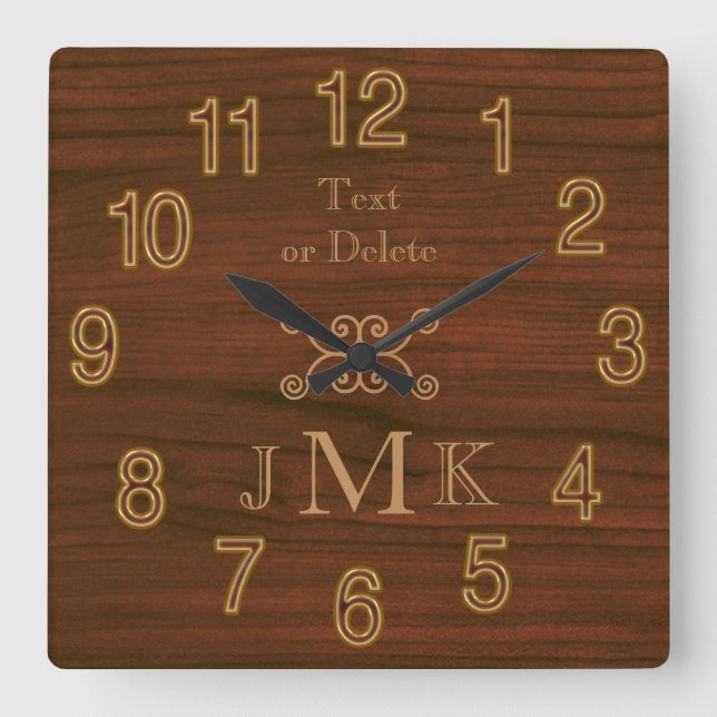 Three Initials and YOUR TEXT on Faux Wood Clock (Front)