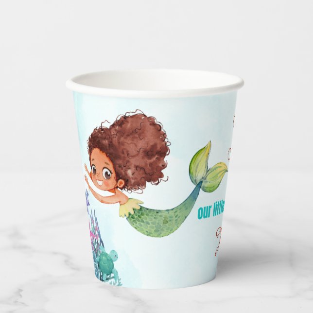 Three into the Sea BrownMermaid Girls 3rd birthday Paper Cups (Front)
