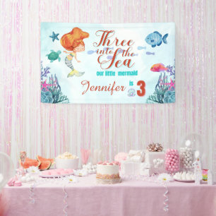 Three into the Sea Mermaid Girls 3rd birthday Banner