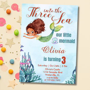 Three into the Sea Mermaid Theme 3rd birthday Invitation