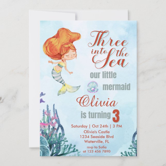 Three into the Sea Orange Mermaid 3rd birthday  Invitation (Front)