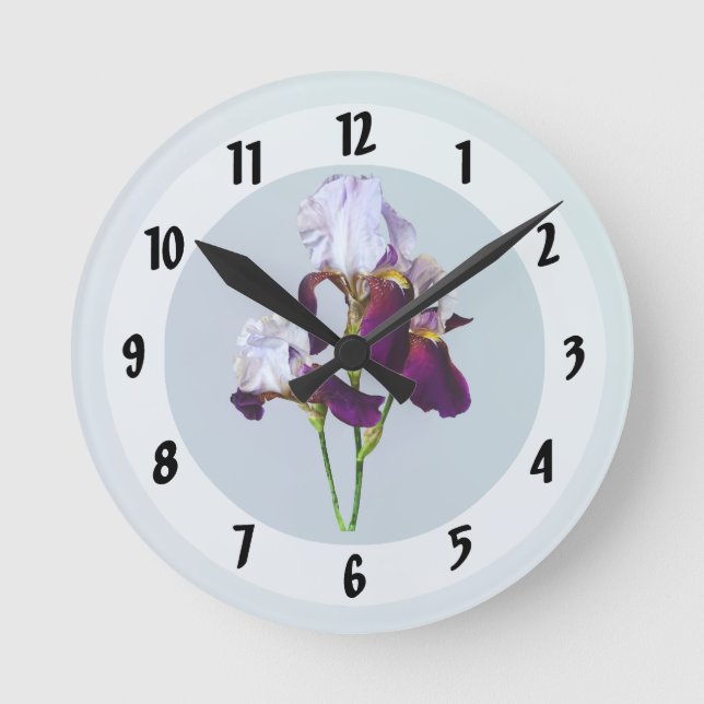 Three Irises in Shades of Magenta Round Clock (Front)